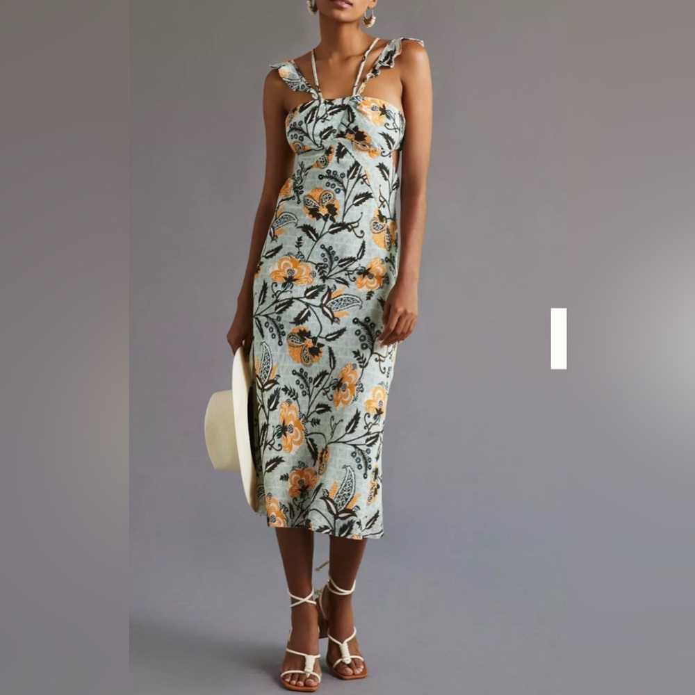 Anthropologie Floral Skim Midi Dress in Orange and Black size 4